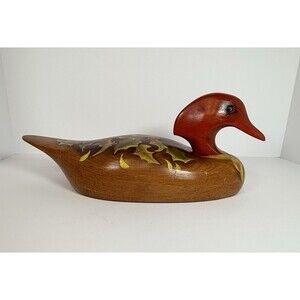 VTG Wooden Duck Decoy Red Headed. Handpainted Holly‎ And Bow.  6”x 16” Aprox.